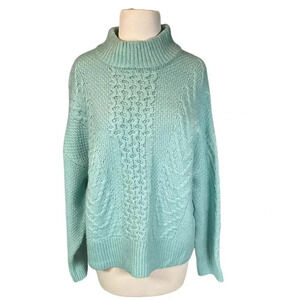 Retrology Women's Mint Green Chunky Cable Knit Mock Turtle Neck Sweater Size L